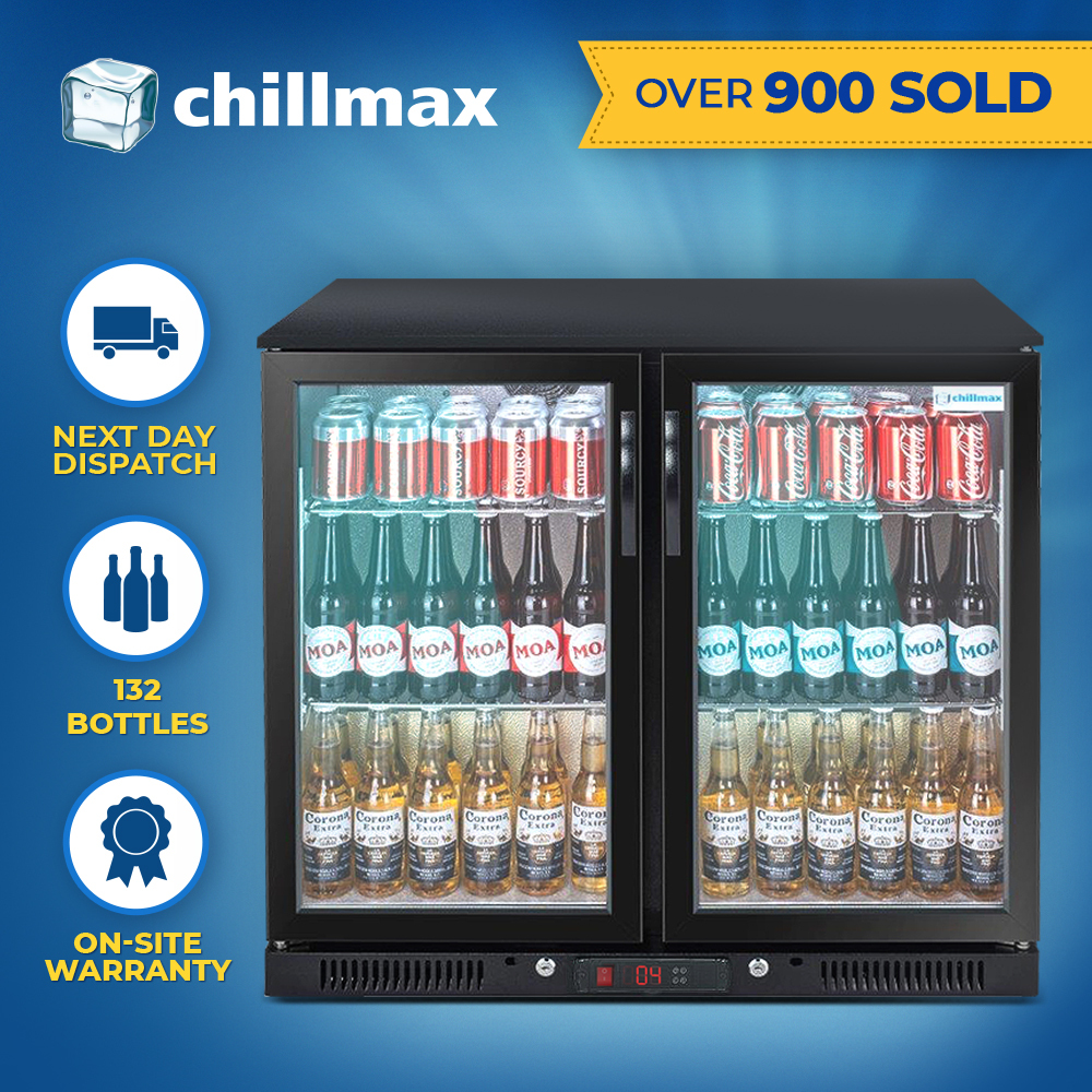 Chillmax Bar Beer Fridge 2 Door Glass Black 208l Under Counter