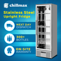 Chillmax 1-Door Upright Display Glass Bar Fridge 293L Stainless Steel Chiller
