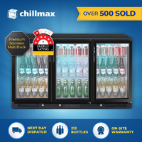 Chillmax 318L Matte Black 3-Door Glass Bar Fridge
