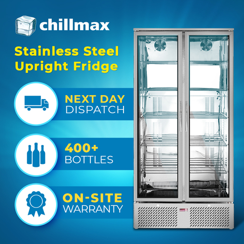 Chillmax 2-Door Upright Display Bar 458L Restaurant Beverage Cooler 