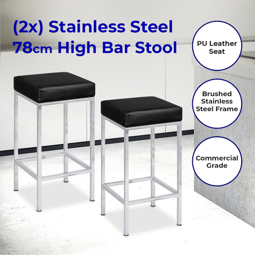 Set of 2 Stainless Steel 78cm Leather Padded High Bar & Counter Stool