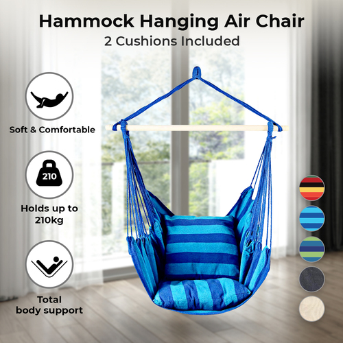 Hammock Chair Rope Swing with 2 Cushions [Color: Blue Stripe]