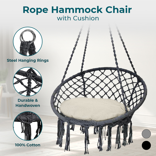 Macrame Hammock Chair with Cushion [Color: Black]