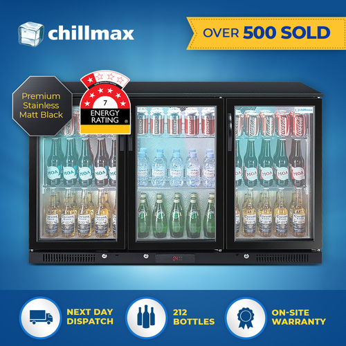 Chillmax 318L Matte Black 3-Door Glass Bar Fridge