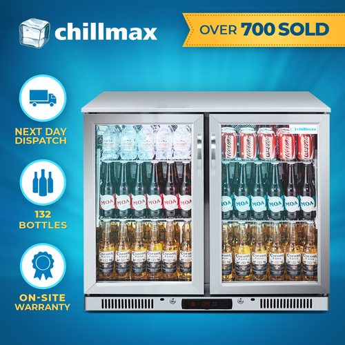 Chillmax SS Bar Fridge 2-Door Glass Beer Wine Undercounter Commercial