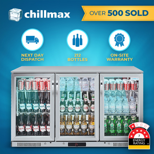 Chillmax 318L Stainless Steel 3-Door Glass Bar Fridge